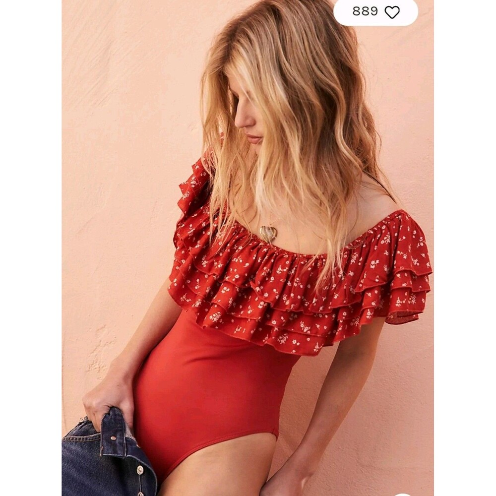 Free People Intimately Womens Red Ruffle On/Off Shoulder Body Suit Size Small - Picture 8 of 8